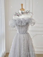 Gray Tulle A Line Off the Shoulder Formal Evening Dress Long Evening Prom Dress