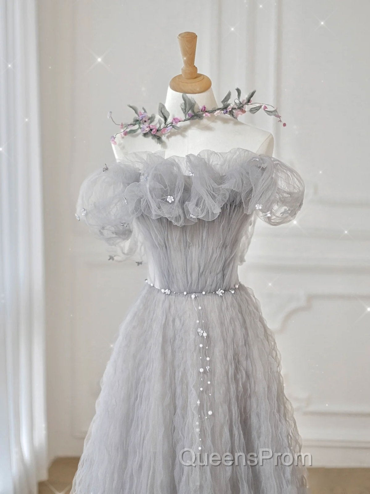 Gray Tulle A Line Off the Shoulder Formal Evening Dress Long Evening Prom Dress
