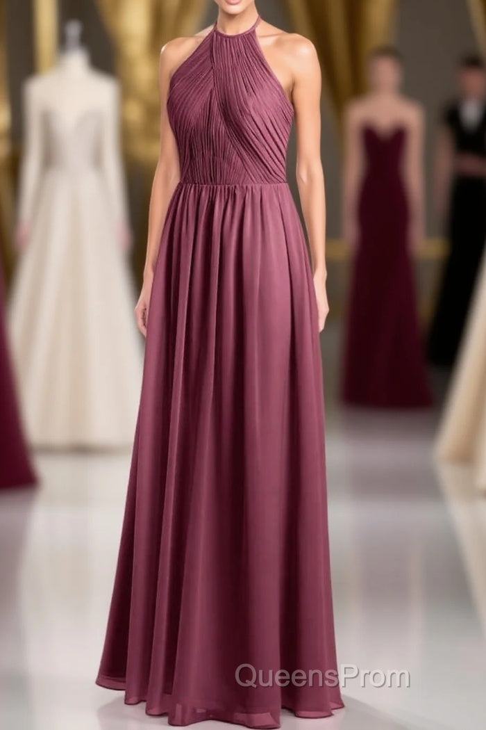 Mauve Chiffon Halter Backless A-Line Long Bridesmaid Dress Main image