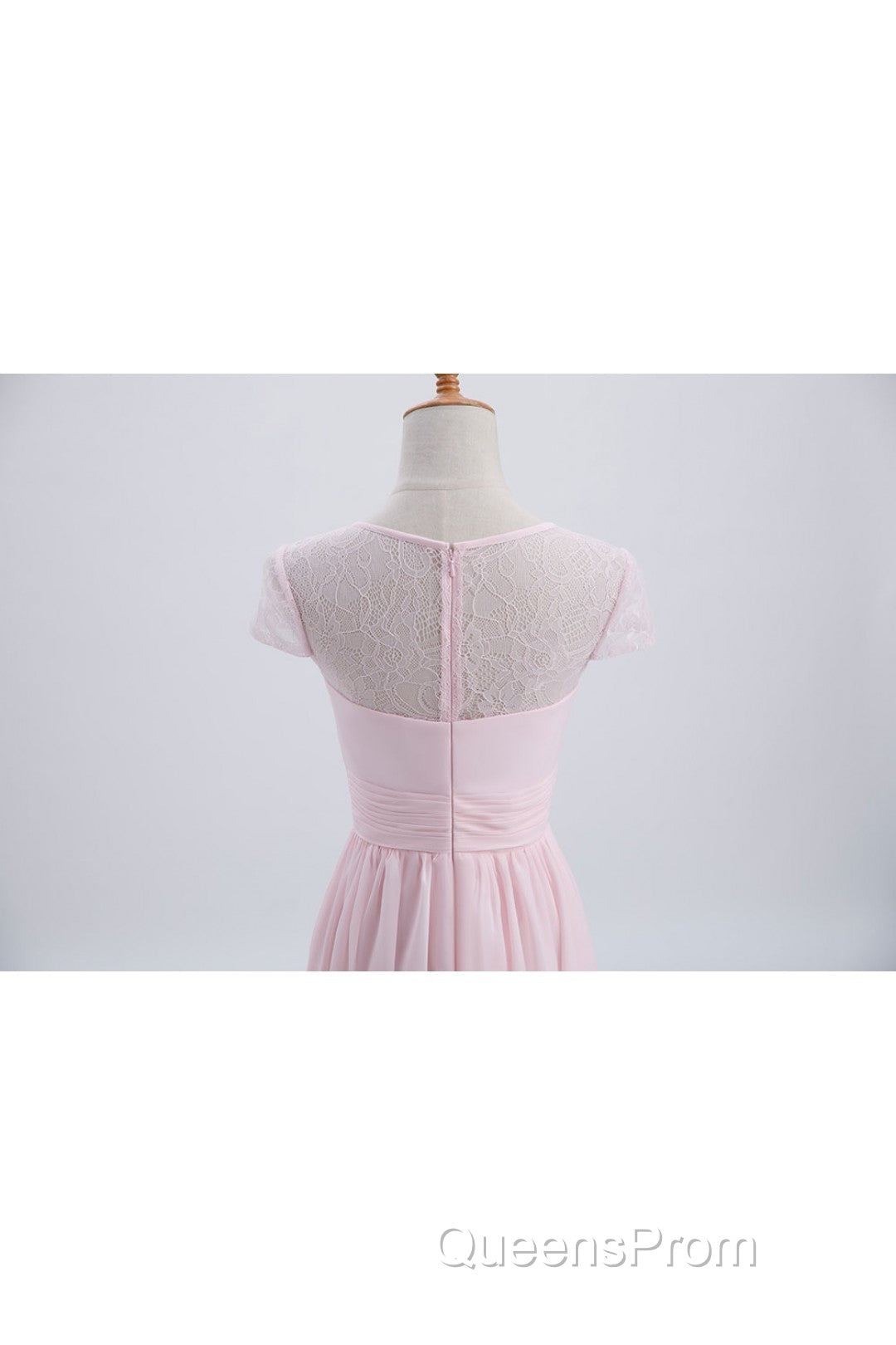 Princess Pink Chiffon and Lace Short Sleeves Bridesmaid Dress