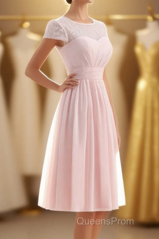 Princess Pink Chiffon and Lace Short Sleeves Bridesmaid Dress Main image