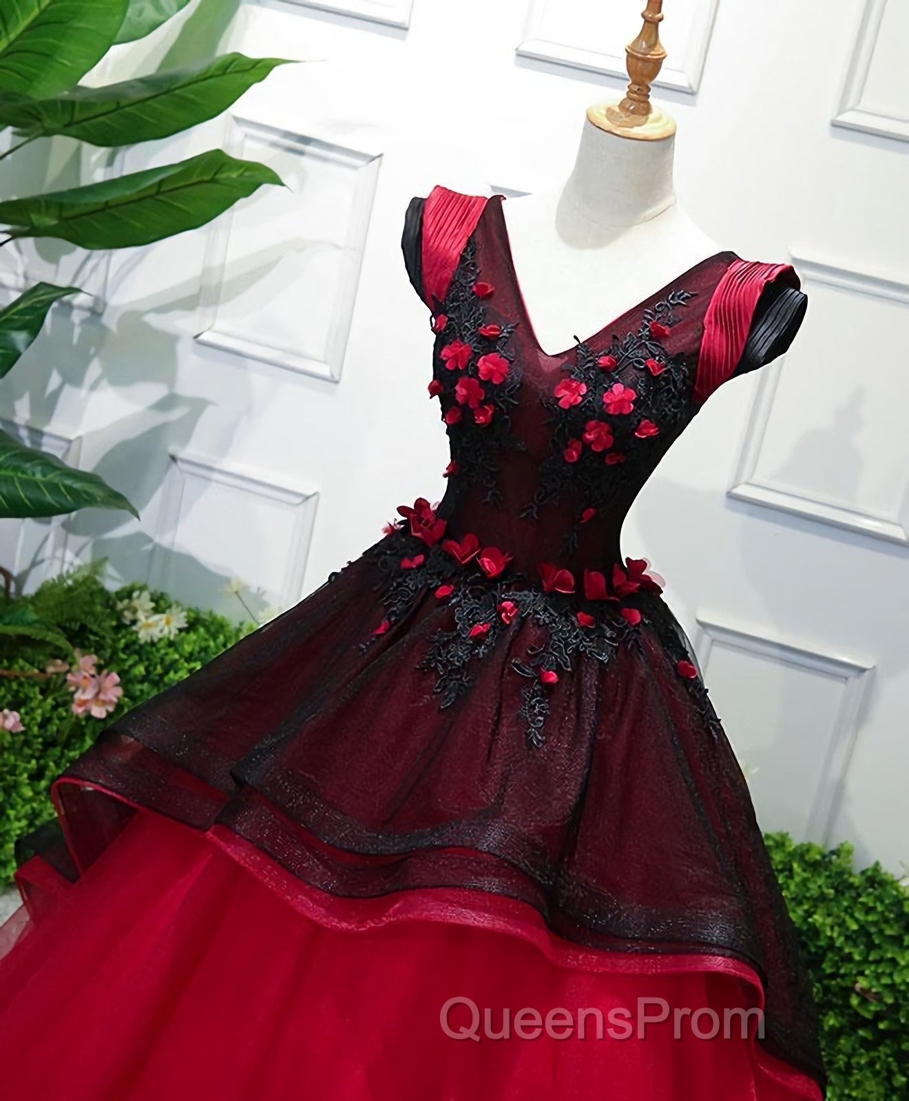 Unique Burgundy V Neck Tulle Long Evening Prom Dress, Burgundy Evening Dress