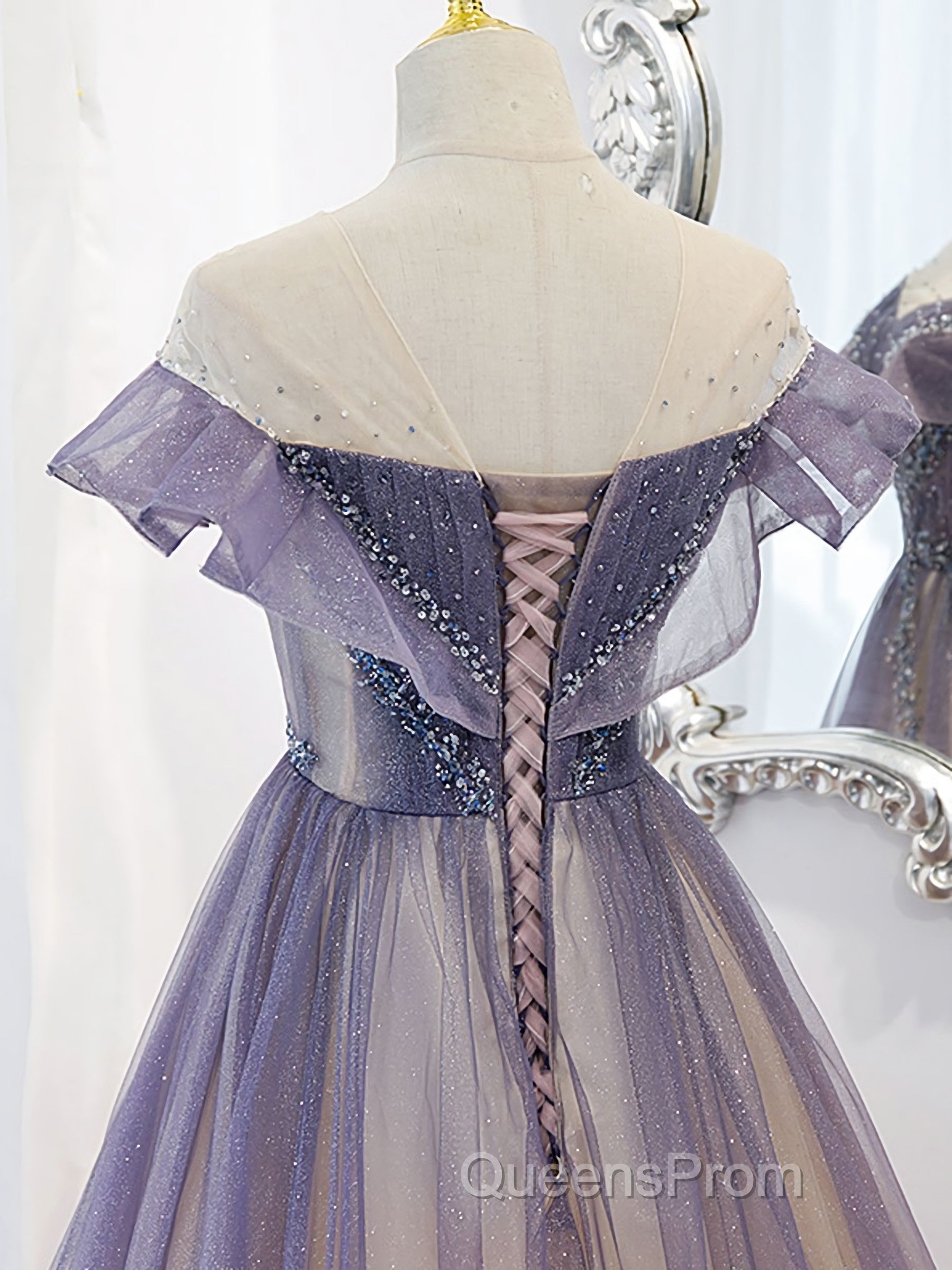 Purple Off Shoulder Tulle Sequin Long Evening Prom Dress, Purple Evening Dress Secondary image