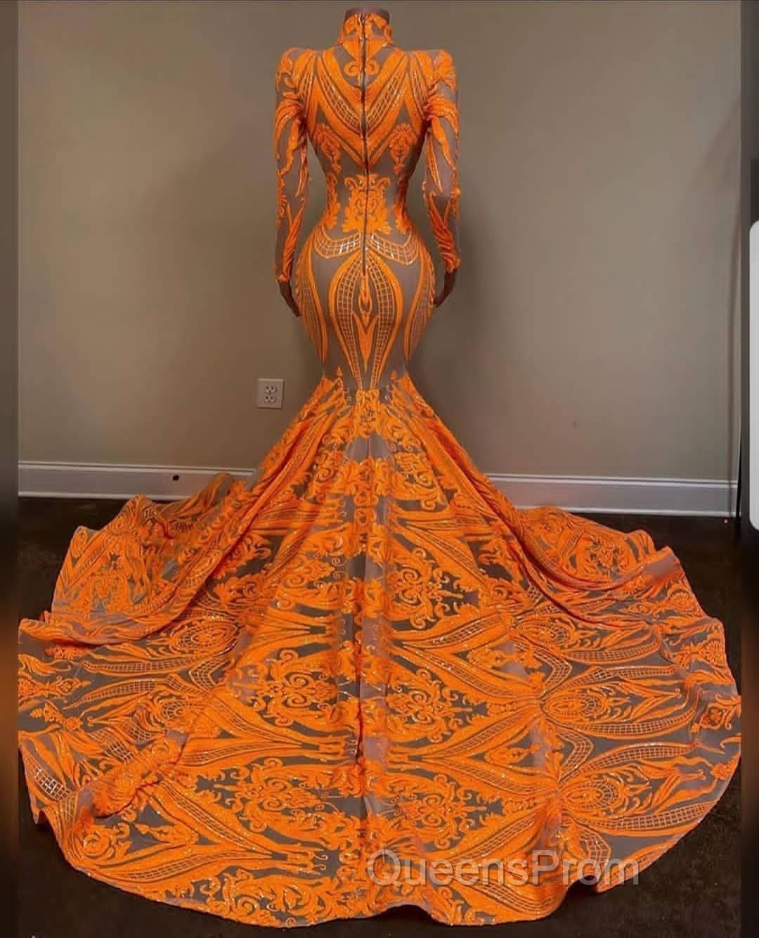 Hot Orange High neck Long Sleeves Mermaid Sequin Evening Prom Dress Secondary image