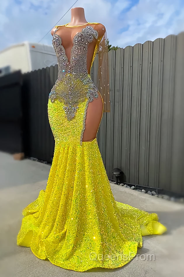 Round neck Silver Beaded Mermaid Yellow Sequin Evening Prom Dress Secondary image
