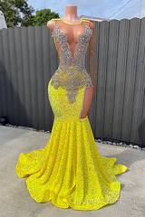 Round neck Silver Beaded Mermaid Yellow Sequin Evening Prom Dress