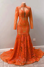 Hot Orange High neck Long Sleeves Mermaid Sequin Evening Prom Dress