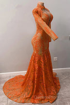 Hot Orange High neck Long Sleeves Mermaid Sequin Evening Prom Dress
