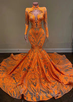 Hot Orange High neck Long Sleeves Mermaid Sequin Evening Prom Dress