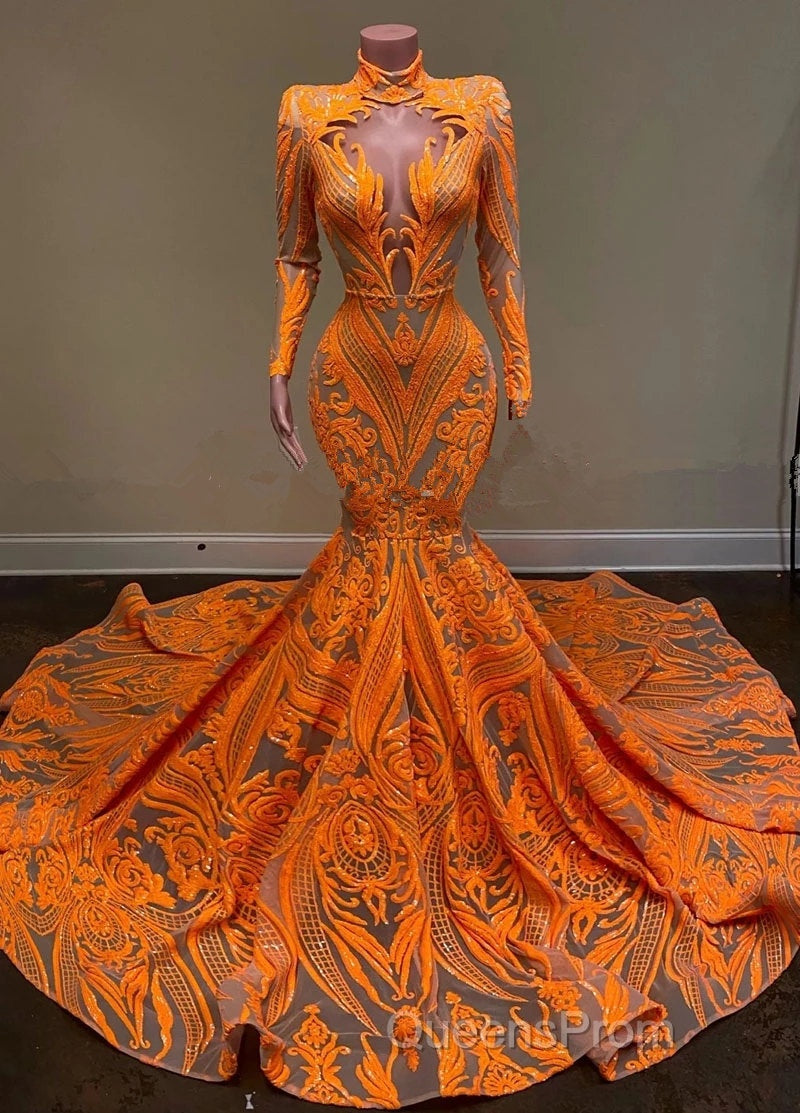 Hot Orange High neck Long Sleeves Mermaid Sequin Evening Prom Dress