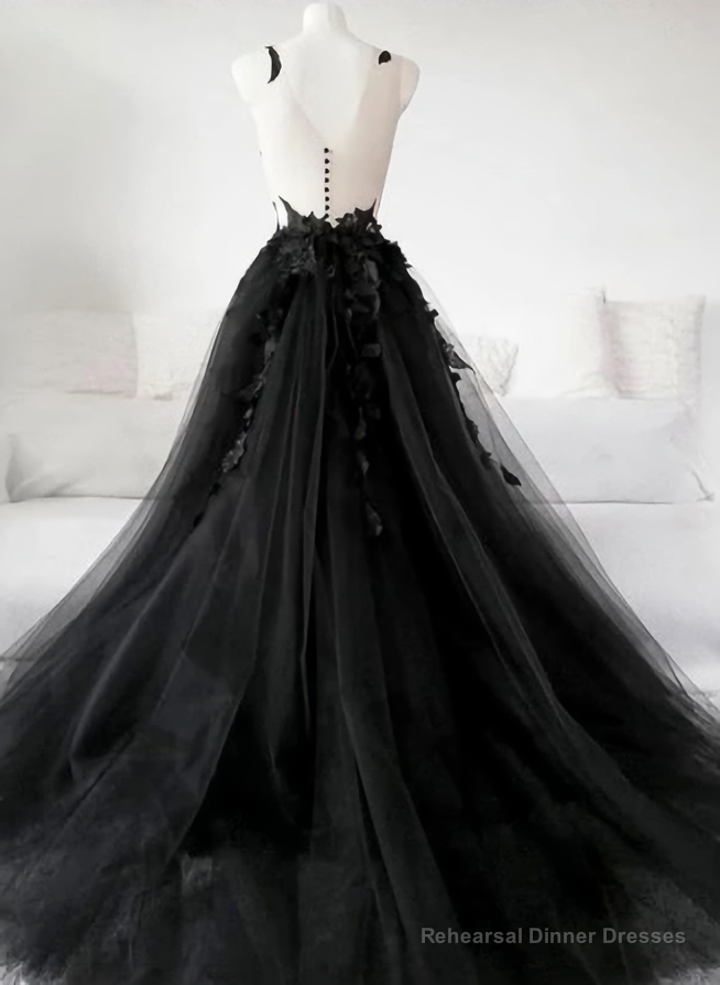 Black Tulle Lace Long Prom Dress, Black Lace Evening Dress, 2303