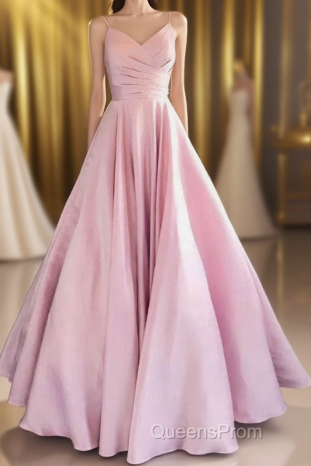 V-neck A-line Pink Spaghetti Straps Rushed Satin Long Evening Prom Dress