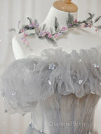 Gray Tulle A Line Off the Shoulder Formal Evening Dress Long Evening Prom Dress