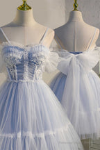 Sky Blue Sweetheart Bow-Back Short Homecoming Dress
