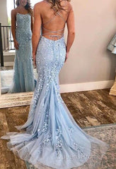 Chic Trumpet Spaghetti Straps With Lace Appliques Light Blue Evening Prom Dress