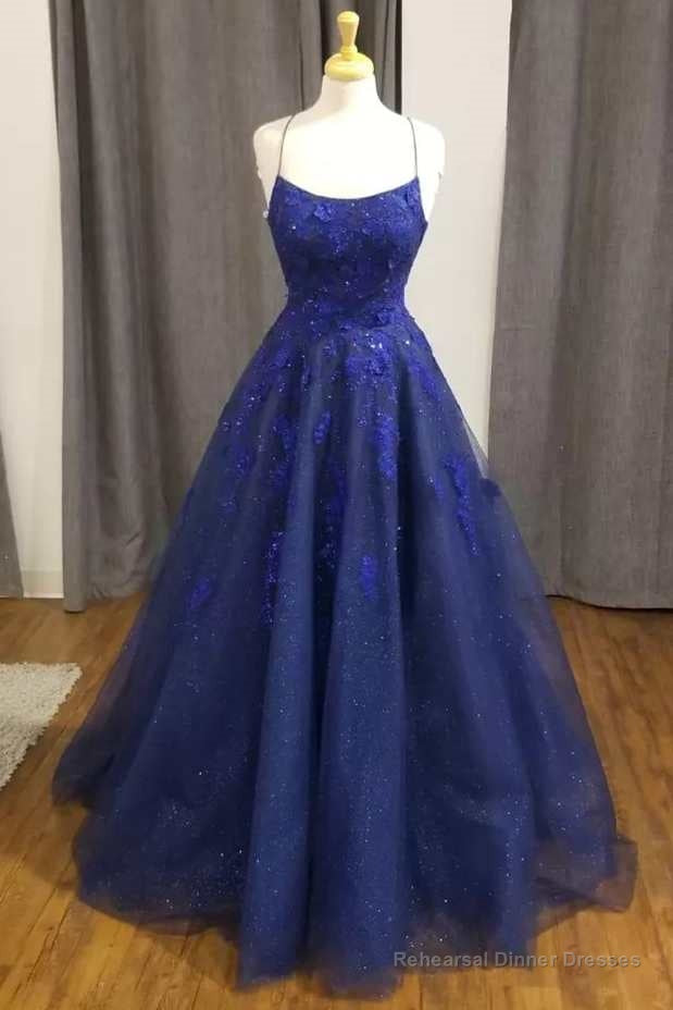 Sparkles Blue Floral Lace Backless A-Line Prom Dress Main image