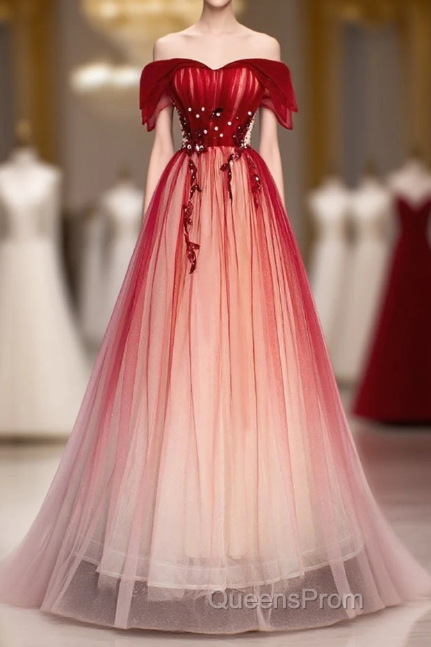 Burgundy Off Shoulder Tulle Long Evening Prom Dress, Burgundy Formal Dress, 1 Main image