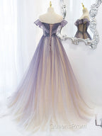 Purple Off Shoulder Tulle Sequin Long Evening Prom Dress, Purple Evening Dress