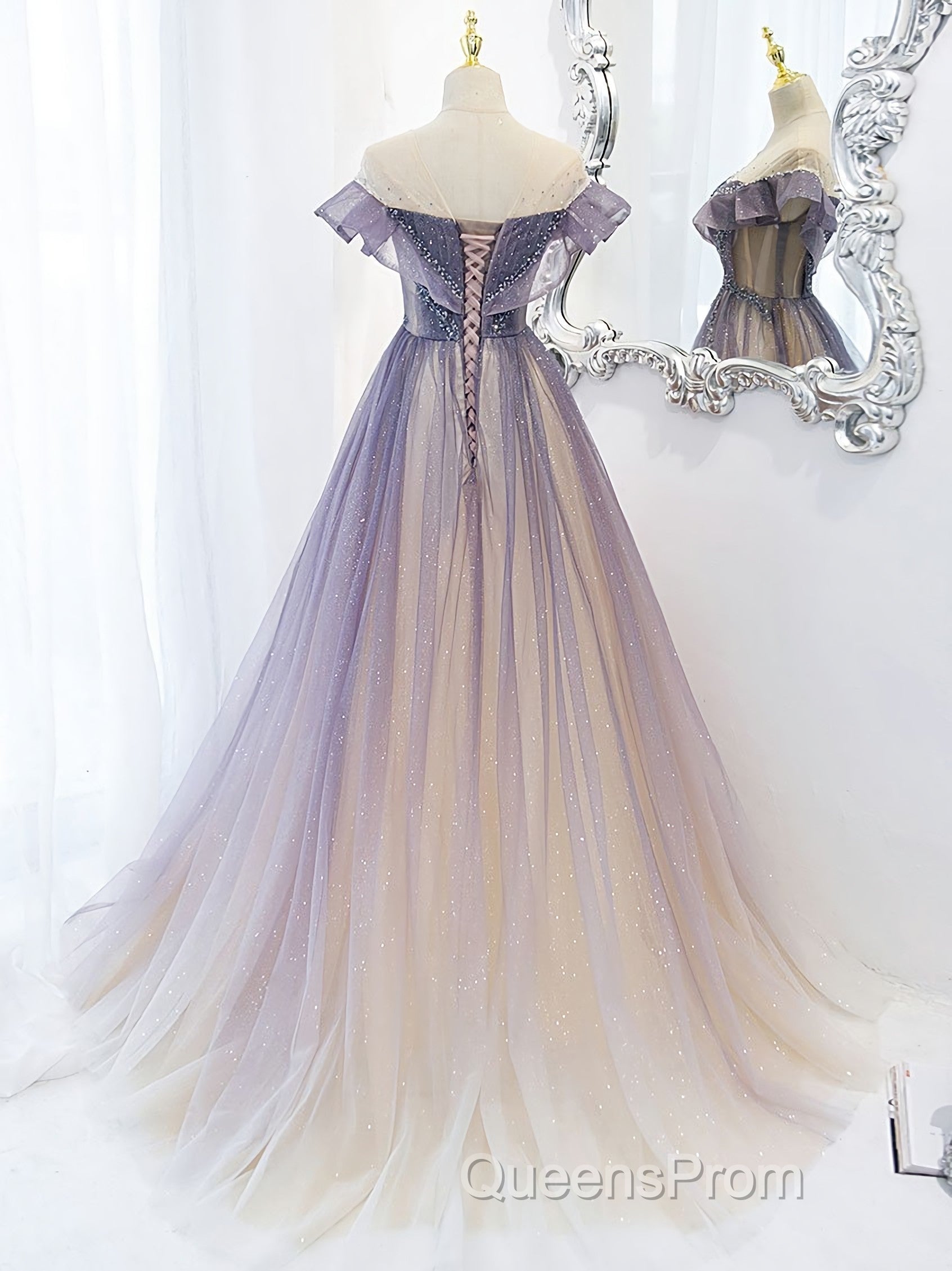 Purple Off Shoulder Tulle Sequin Long Evening Prom Dress, Purple Evening Dress