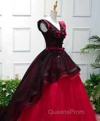Unique Burgundy V Neck Tulle Long Evening Prom Dress, Burgundy Evening Dress