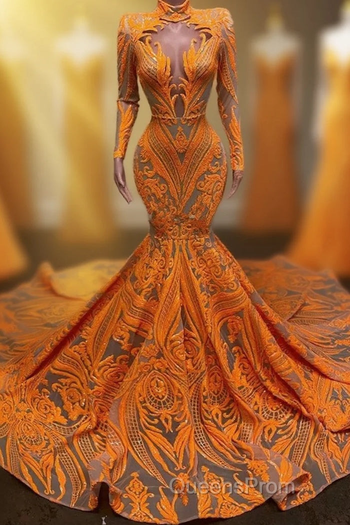 Hot Orange High neck Long Sleeves Mermaid Sequin Evening Prom Dress Main image