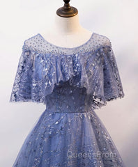 Unique Round Neck Tulle Lace Long Evening Prom Dress, Blue Lace Evening Dress