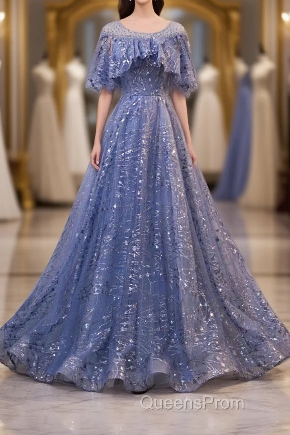 Unique Round Neck Tulle Lace Long Evening Prom Dress, Blue Lace Evening Dress Main image