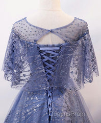 Unique Round Neck Tulle Lace Long Evening Prom Dress, Blue Lace Evening Dress