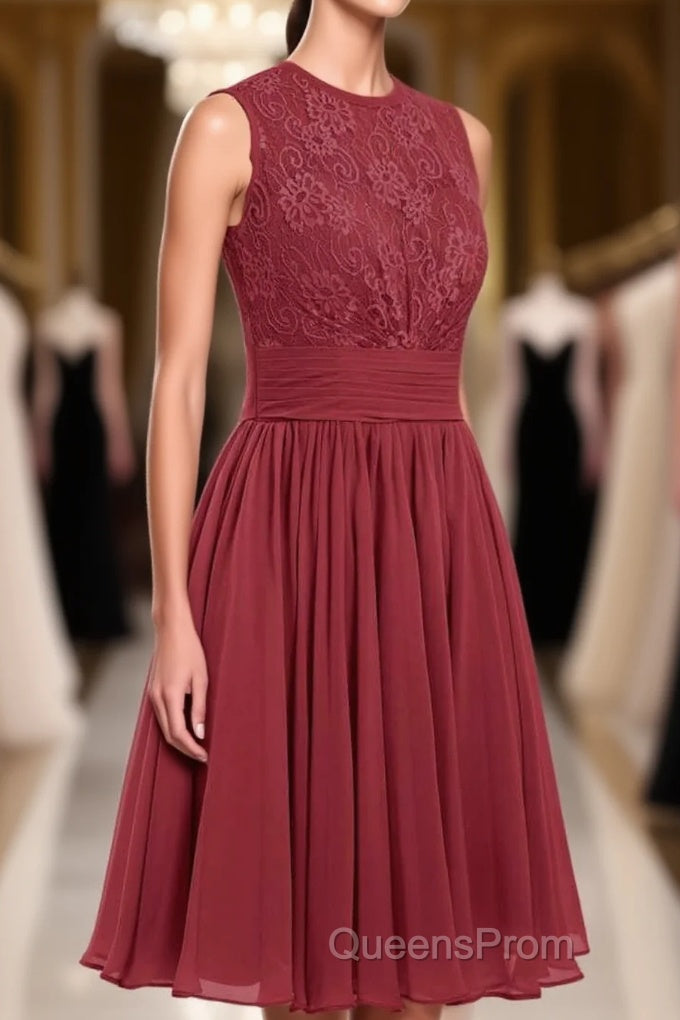 Burgundy Lace Sleeveless Backless A-Line Short Bridesmaid Dress Main image