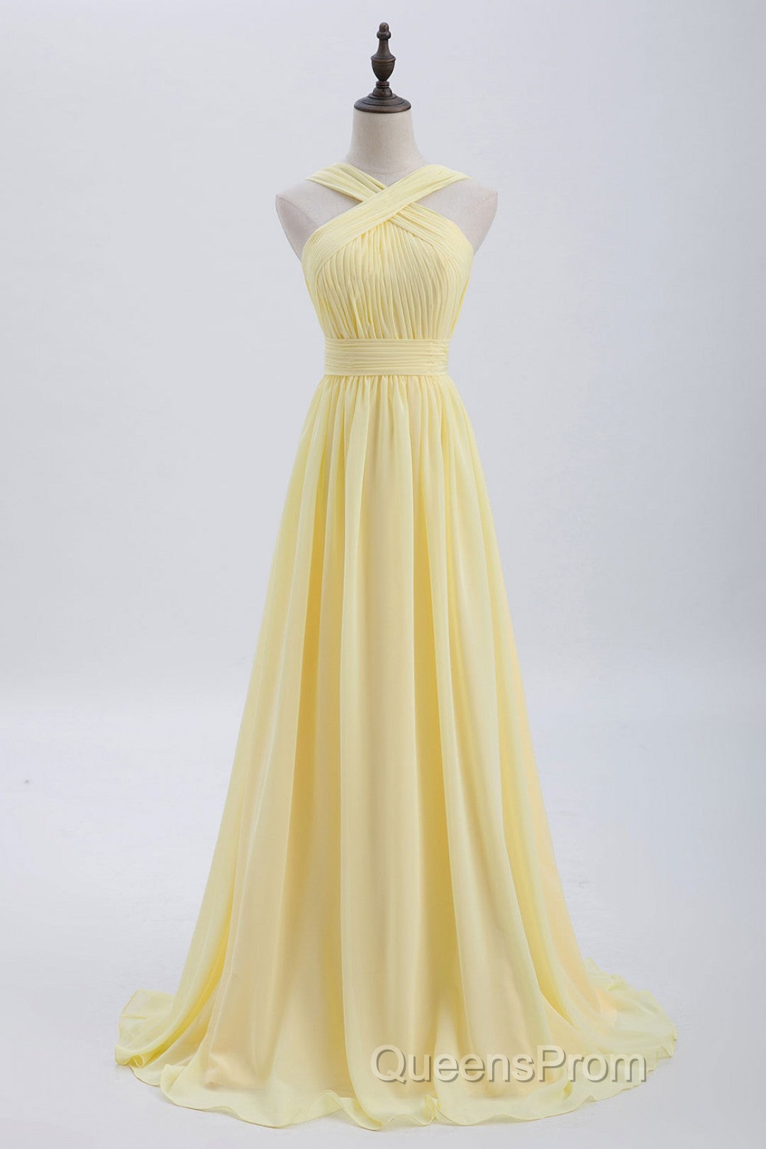 Cross Front Yellow Pleated Chiffon Long Bridesmaid Dress