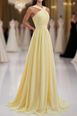 Cross Front Yellow Pleated Chiffon Long Bridesmaid Dress