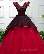 Unique Burgundy V Neck Tulle Long Evening Prom Dress, Burgundy Evening Dress