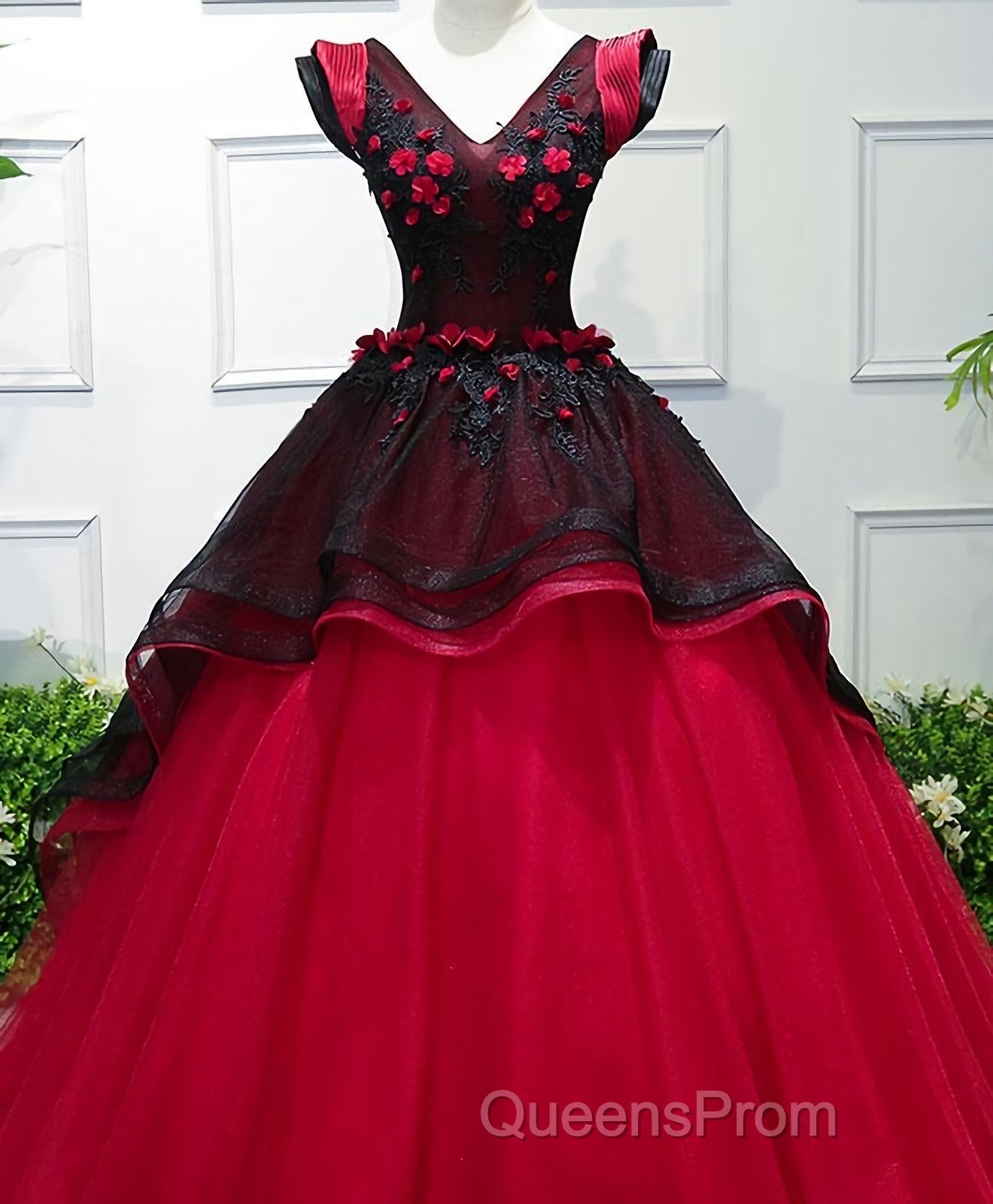 Unique Burgundy V Neck Tulle Long Evening Prom Dress, Burgundy Evening Dress