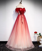 Burgundy Off Shoulder Tulle Long Evening Prom Dress, Burgundy Formal Dress, 1