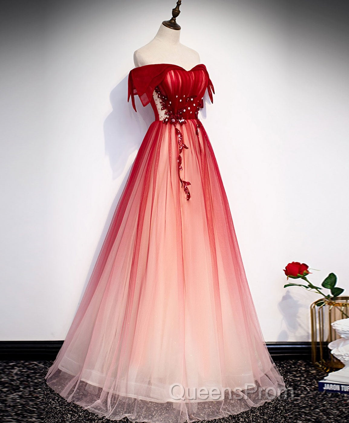 Burgundy Off Shoulder Tulle Long Evening Prom Dress, Burgundy Formal Dress, 1
