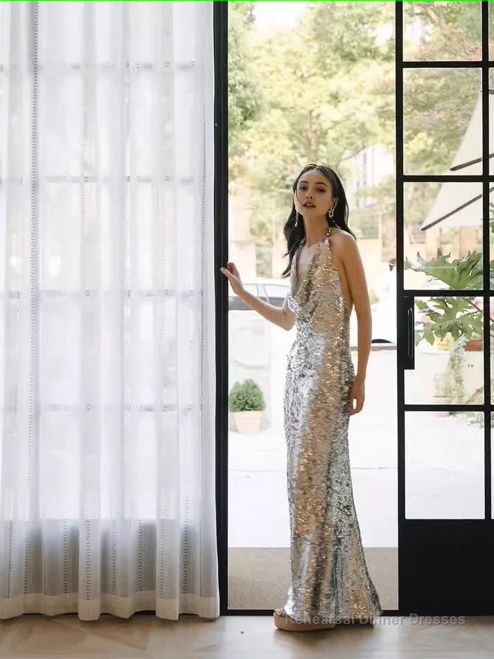 Sexy Mermaid Silver Sequin Prom Dresses Evening Dress