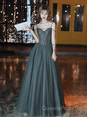 A-Line Evening Prom Dress Open Back Dress Formal Wedding Party Floor Length Sleeveless Spaghetti Strap Tulle with Pleats