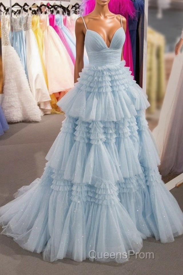 Elegant Light Blue Side Slit Tulle Long Evening Prom Dress Main image