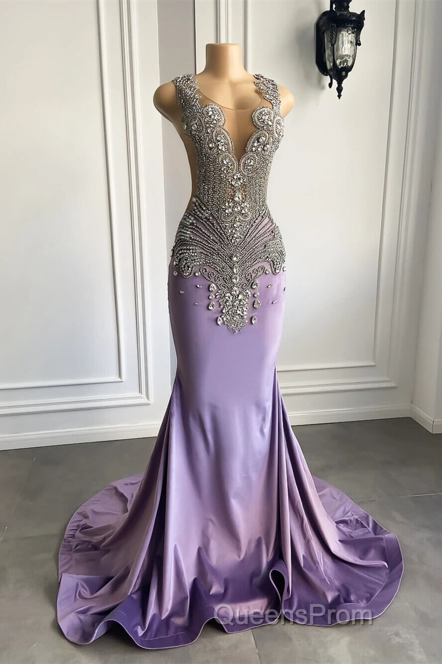 Lilac Mermaid Evening Prom Dress with Scoop Neckline Sleeveless and Crystal Beadings
