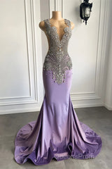 Lilac Mermaid Evening Prom Dress with Scoop Neckline Sleeveless and Crystal Beadings