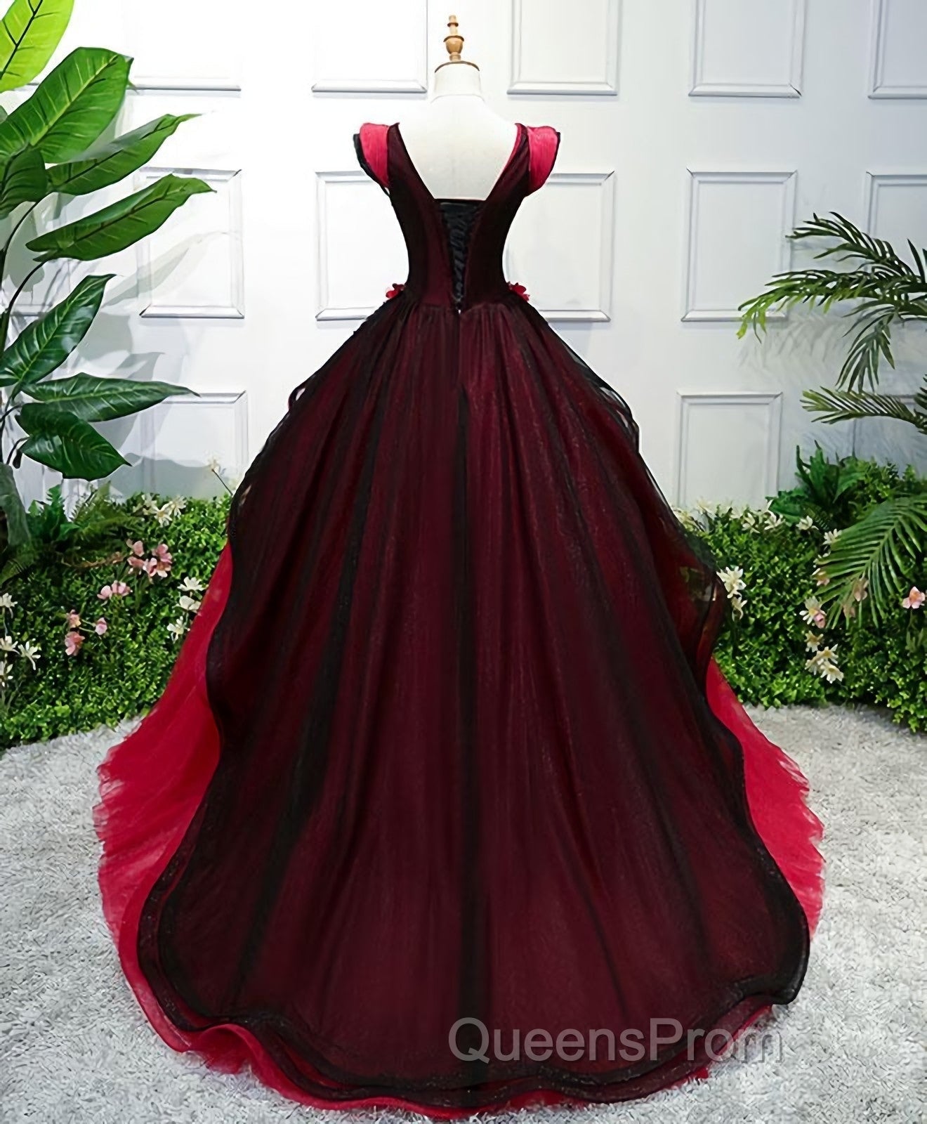 Unique Burgundy V Neck Tulle Long Evening Prom Dress, Burgundy Evening Dress Secondary image