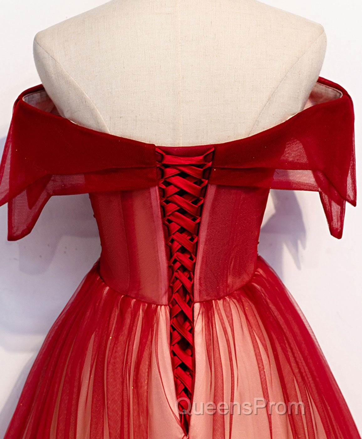 Burgundy Off Shoulder Tulle Long Evening Prom Dress, Burgundy Formal Dress, 1