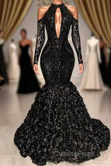 Black Sexy Keyhole Cool Shoulder Mermaid Flowers Evening Prom Dress