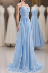 Blue Pleated Straps Chiffon Long Bridesmaid Dress