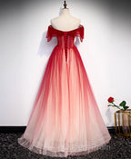Burgundy Off Shoulder Tulle Long Evening Prom Dress, Burgundy Formal Dress, 1