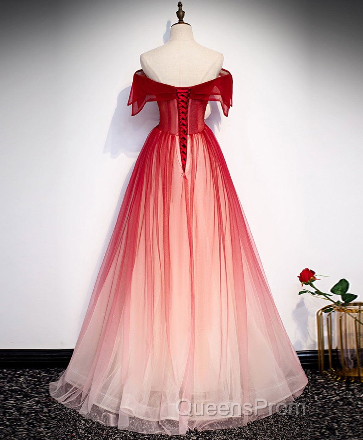 Burgundy Off Shoulder Tulle Long Evening Prom Dress, Burgundy Formal Dress, 1
