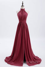 High Neck Burgundy Chiffon A-line Long Bridesmaid Dress