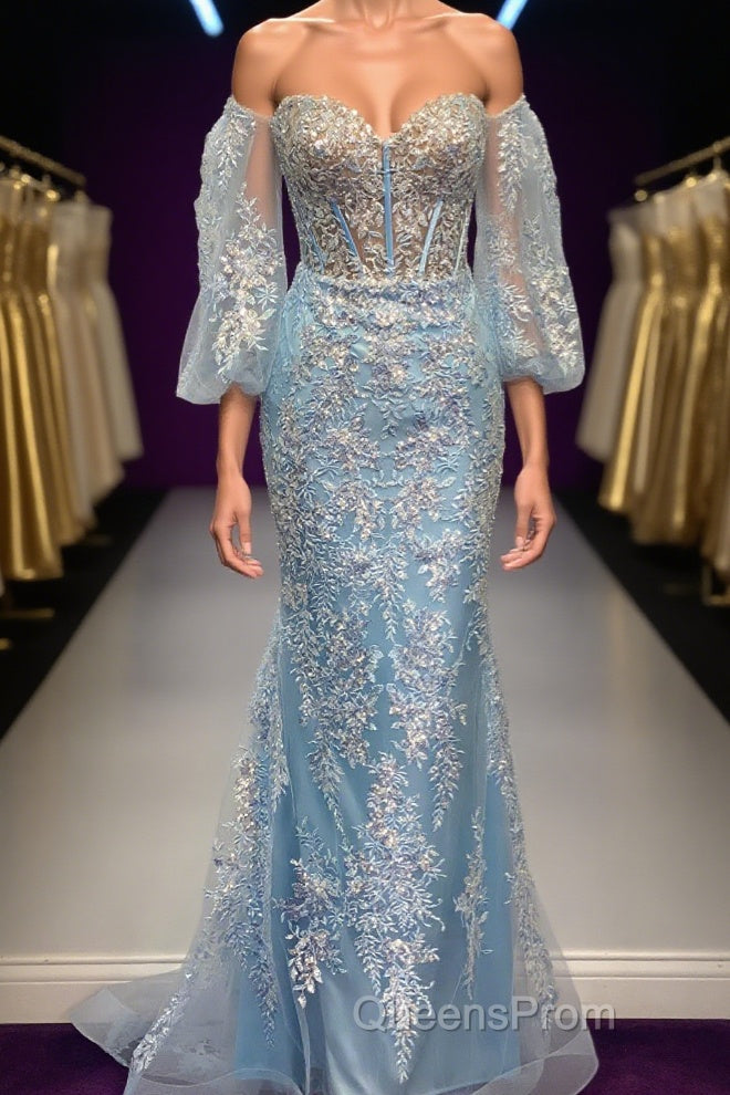Light Blue Off-Shoulder Floral Appliques Mermaid Long Evening Prom Dress