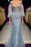 Light Blue Off-Shoulder Floral Appliques Mermaid Long Evening Prom Dress