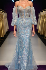 Light Blue Off-Shoulder Floral Appliques Mermaid Long Evening Prom Dress